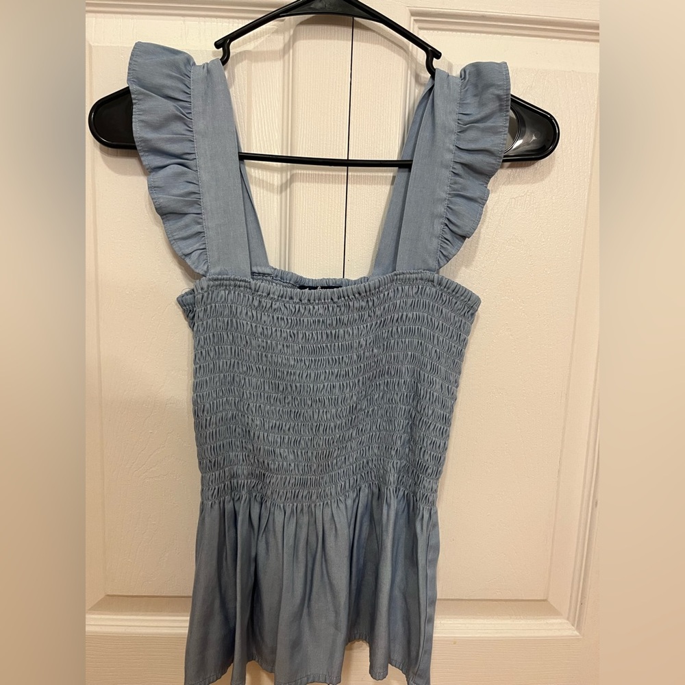 Ruffle Sleeve Denim Peplum Top